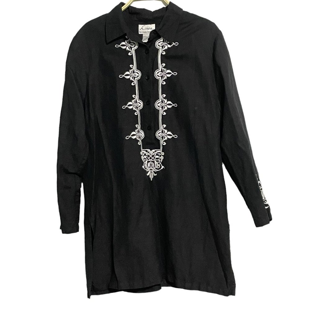 Linea by Louis Dell’Olio Black Embroidered Linen Tunic – Size Large